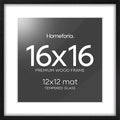 Homeforia 16x16 Black Wood Frame, High End Oak 16 x 16 Square Picture Frames with Mat 12 by 12 inches Photo, 16by16 Black Wooden Poster Frames Matted to 12x12 Print, Tempered Glass, Wall Kit, Set of 1-Ruum Studio Home
