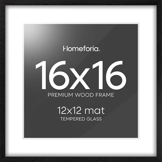 Homeforia 16x16 Black Wood Frame, High End Oak 16 x 16 Square Picture Frames with Mat 12 by 12 inches Photo, 16by16 Black Wooden Poster Frames Matted to 12x12 Print, Tempered Glass, Wall Kit, Set of 1-Ruum Studio Home