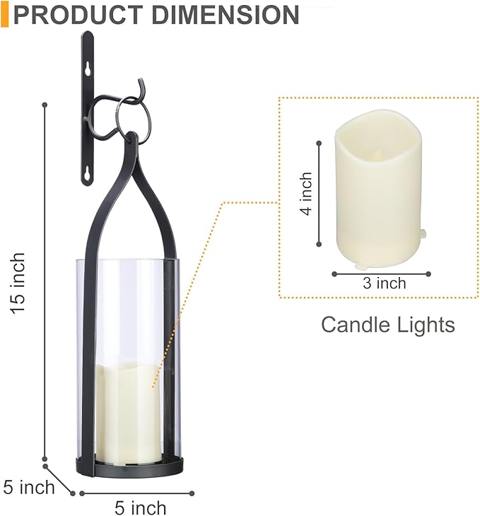 Metal Wall Sconce Candle Lantern Set of 2 - Black Wall Mounted Hanging Holder with Glass & Candles Vintage Wall Decor for Porch, Living Room, Dining Room, Bedroom Indoor Decor-Ruum Studio Home