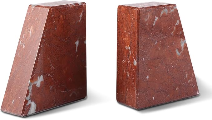 Marble Bookend for Heavy Books, Decorative Bookends for Shelves, 7.5LB Durable and Heavy-Duty Book End for Hardback Book & CDS, Unique Book Stopper & Holder, Rosso Francia, Set of 2-Ruum Studio Home