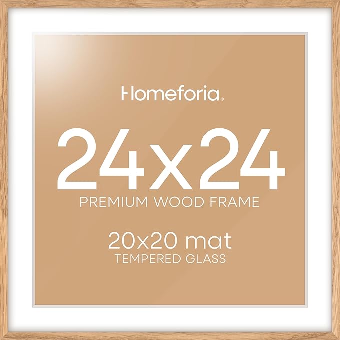 Homeforia 24x24 Wood Picture Frame, High End Natural Oak 24 x 24 Square Light Wooden Poster Frame with Mat 20 by 20 Photo, 24by24 Large Frames Matted to 20x20 Print, Tempered Glass, Wall Kit, Set of 1-Ruum Studio Home