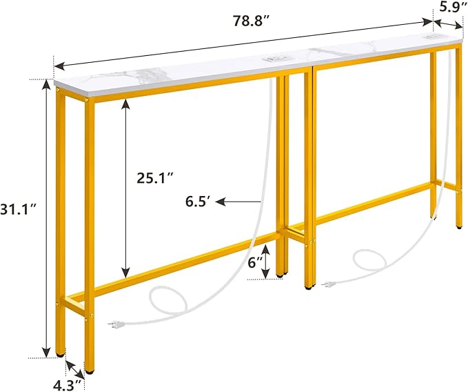 ELYKEN 2 Pack 5.9" Narrow Console Sofa Table with Power Outlets and USB Port, 5.9" Dx39.4 Wx31.1 H Marble Texture Skinny Couch Table with Golden Metal Frame-Ruum Studio Home