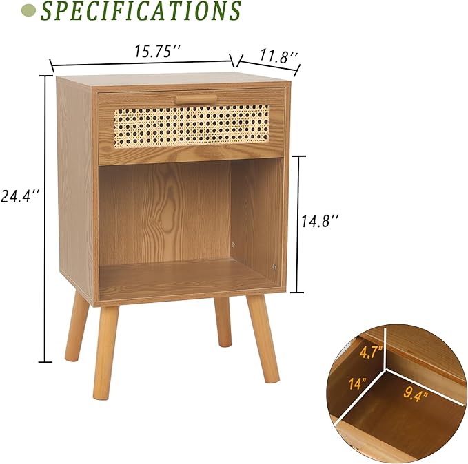 Mid Century Modern Nightstand, Rattan Bedside Table with Drawer and Open Shelf, Wood Nightstand Modern Side Table for Living Room, Bedroom and Small Space, Brown-Ruum Studio Home