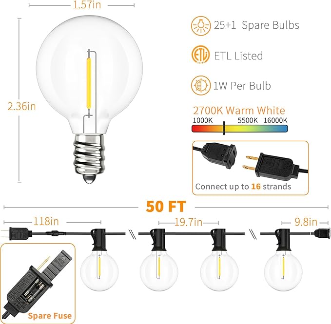 Svater Outdoor String Lights 50 FT, Patio LED Lights Outside with 26pcs Bulbs, Waterproof Shatterproof Hanging Globe Light Connectable for Bistro Cafe Backyard Balcony Warm White-Ruum Studio Home