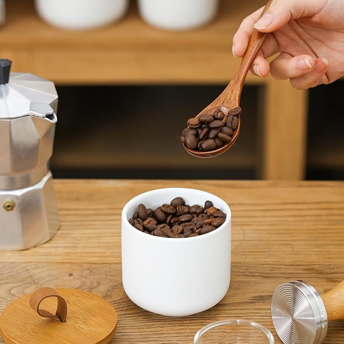 Ceramic Storage Jars, Modern Elegant Polished Airtight Gorgeous Storage Canisters with Wooden Lid Small Food Stroage Jar for Kitchen Spice Tea Vanilla Sugar Coffee Beans (3Pcs Suit White)-Ruum Studio Home
