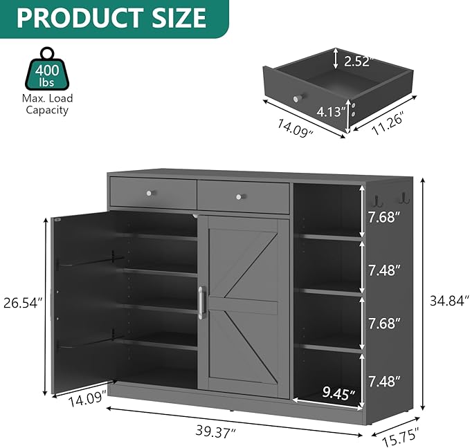 Loomie 5-Tier Shoe Cabinet with 4 Side Cubbies, Farmhouse Shoe Rack Cabinet with 6 Adjustable Shelves & 2 Drawers, Freestanding Shoe Storage Cabinet with 4 Brackets & 2 Hooks for Entryway (Black)-Ruum Studio Home