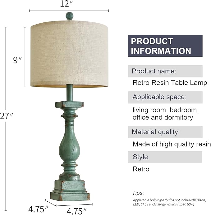 BOBOMOMO 27" Farmhouse Table Lamp Set of 2 with USB A+C for Bedroom Living Room Vintage Rustic Traditional Nightstand Bedside Lamps Retro Side Table Lamps (Green)-Ruum Studio Home