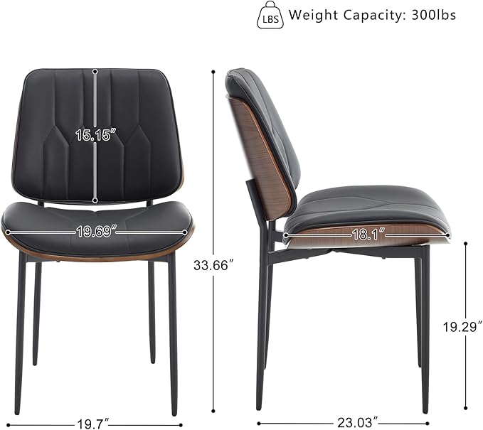 BV Mid Century Modern Dining Chairs Set of 4, Upholstered Pu Leather Armless Accent Chair with Walnut Bentwood Back, Retro Kitchen Chair for Dining Room, Living Room, Kitchen, Black-Ruum Studio Home