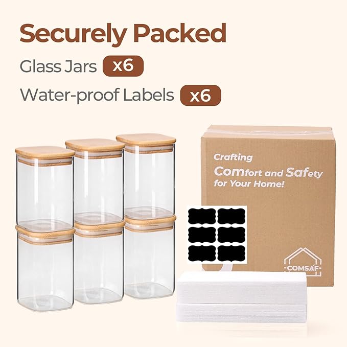 ComSaf 1.2 QT Glass Storage Containers with Lids, Glass Jars with Lids, Clear Food Jar, Square Canister Set of 6, Pantry Organizers and Storage for Cookie Flour Oat Pasta Tea Coffee Bean-Ruum Studio Home