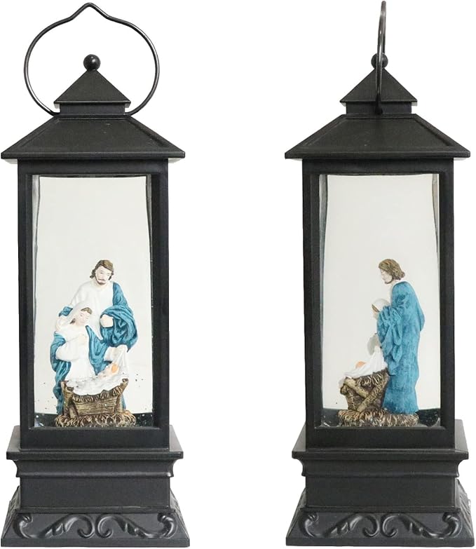Eldnacele Battery Operated Plug-in Musical Lighted Christmas Water Snowing Glittering Snow Globe Lantern with Timer Christians Nativity Lantern Decor, Holy Family-Ruum Studio Home