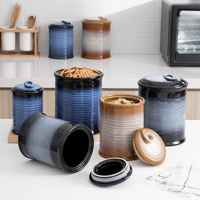 Nihow Ceramic Food Storage Jar Sets: Container with Air Tight Ceramic Lid for Flour/Sugar/Rice/Coffee/Cookies/Candy - Seal Damp-proof Canister for The Kitchen - Set of 4 (Brown)-Ruum Studio Home