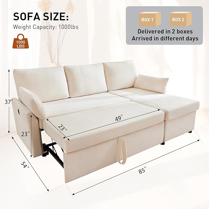 Waxberry Sectional Sofa Couch, Pull Out Couch Sleeper Sofa Bed with Storage for Living Room, Reversible Chaise, Side Pockets & Dual USB/Type-C Ports, Beige-Ruum Studio Home