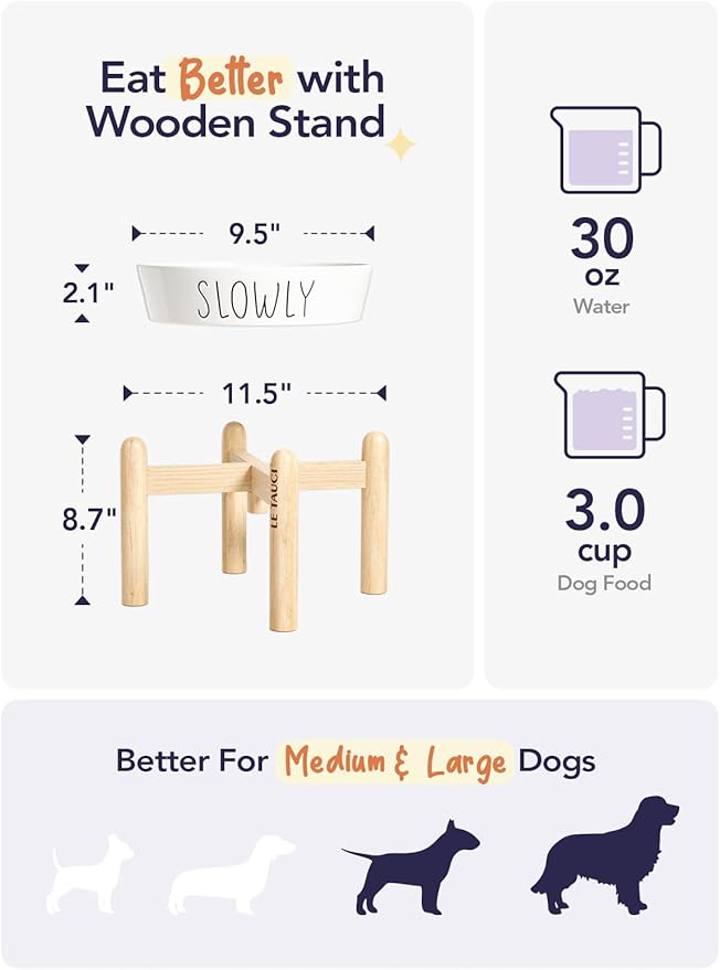Slow Feeder Dog Bowls - 3-Cup Raised Ceramic & Wood Stand for Medium-Large Breed, White-Ruum Studio Home