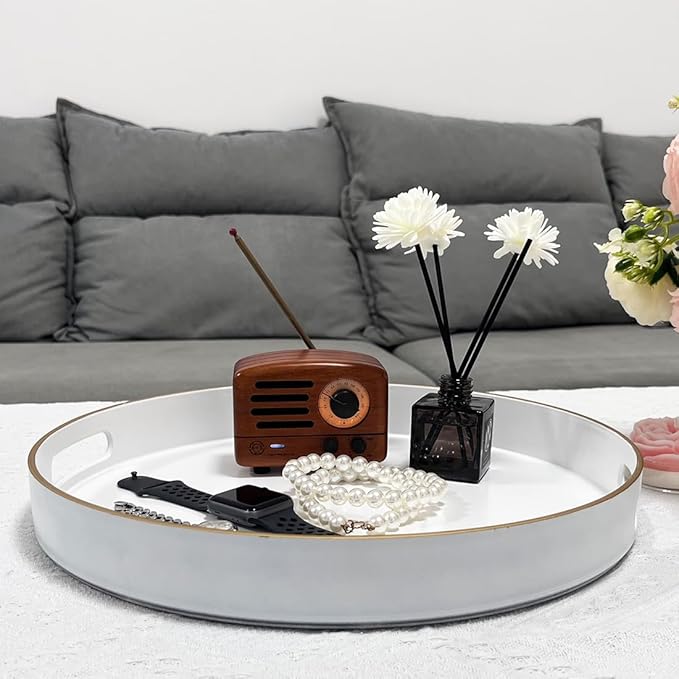 13" Round Decorative Tray, White Serving Tray with Handles, Plastic Coffee Table Tray for Ottoman, Living Room, Bathroom, Décor.-Ruum Studio Home