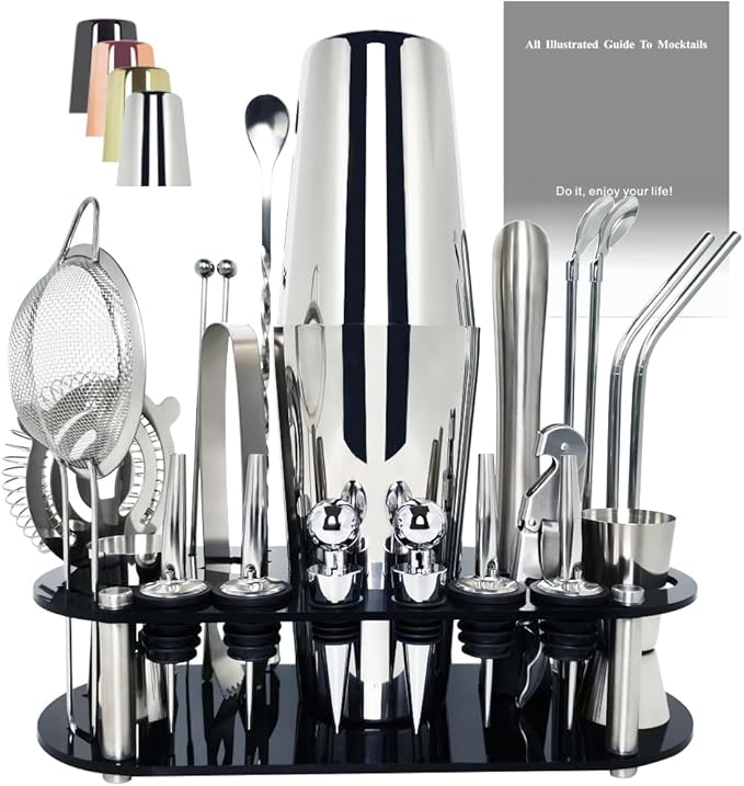 22-Piece Cocktail Shaker Set, 25/20oz Bartender Kit, Bartending Stainless Steel Bar Tools Sets for Drink Mixing, Boston Cocktail Shakers with Stand Recipes Booklet (Siver 25-20oz)-Ruum Studio Home