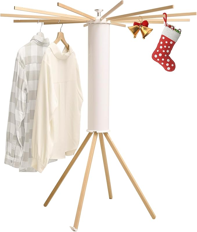 LEQ Drying Rack Portable,Foldable Drying Rack Clothing with 12 Wood Drying Arms, Standing Laundry Hanger Rack Round Collapsible & Portable Handle for Laundry Room, Balcony, Bedroom, RV-Ruum Studio Home