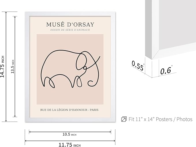 Poster Master Vintage Poster - Retro One Line Elephant Drawing Print - Elephant Art - Minimal Gift for Men, Women, Animal Lover - Abstract Wall Decor for Home, Office, 11x14 White Framed-Ruum Studio Home