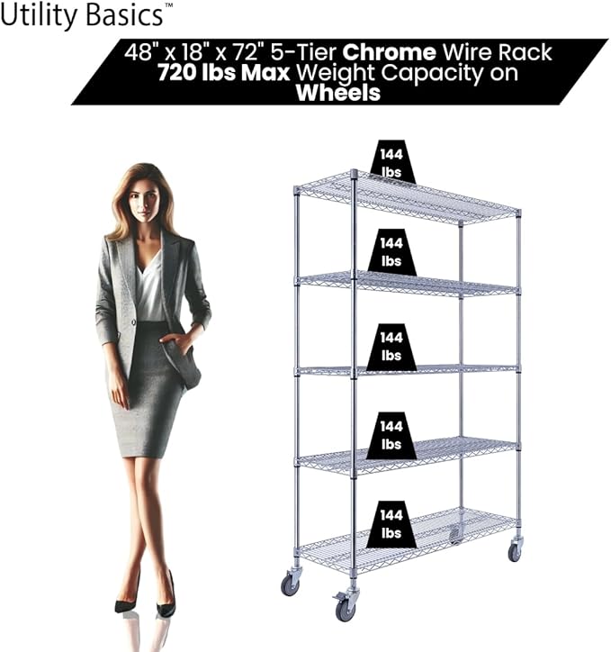 48"x18"x72" Chrome 5-Tier PREMIUM Wire Shelving NSF 4000 LBS MAX CAPACITY Heavy Duty Steel Storage Rack for Warehouses, Garages, Hospitals, Commercial Spaces, & Schools w/PREMIUM WHEELS-Ruum Studio Home