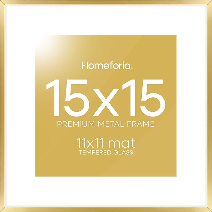 Homeforia 15x15 Picture Frame Gold, High End Metal 15 x 15 Square Poster Frame with Mat 11 x 11 Photo, 15x15 Frame Matted to 11x11 Print, 15by15 Gold Hanging Frames, Tempered Glass, Wall Kit, Set of 1-Ruum Studio Home
