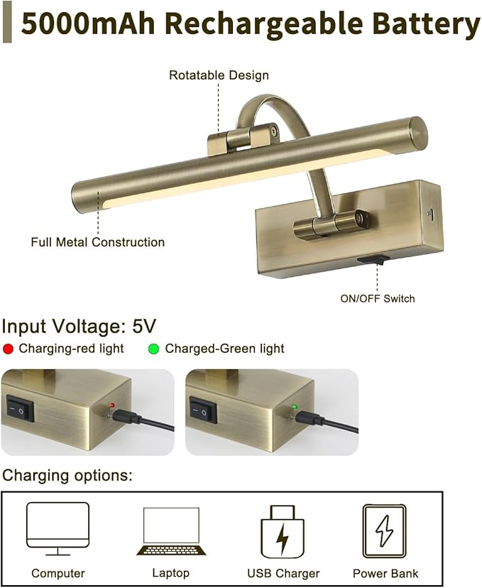 Wireless Picture Lights Rechargeable Gallery Lighting Battery Picture Frame Light with Remote and Timer, Adjustable Art Light for Paintings, Portraits, Antique Bronze Finish 12'' Inch 2W 2700K-Ruum Studio Home