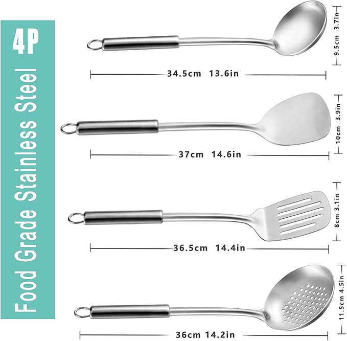 Pleafind 4-Pcs Cooking Utensils Set, Stainless Steel Kitchen Utensils, Wok Utensils Set Include Wok Ladle, Slotted Spoon, Wok Spatula and Slotted Spatula, Dishwasher Safe-Ruum Studio Home
