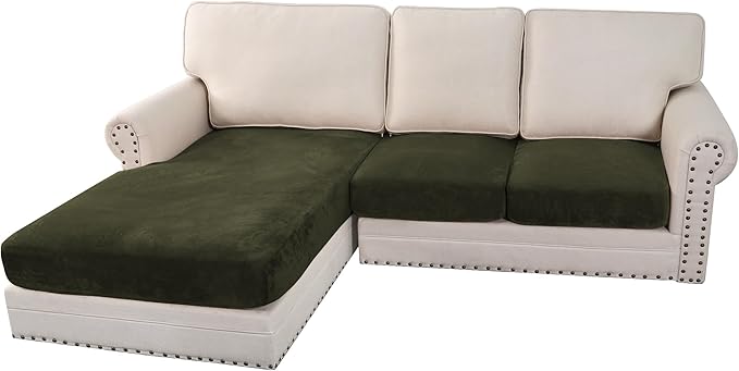 H.VERSAILTEX Velvet Stretch Sectional Couch Covers 3 Pieces Sofa Seat Cushion Covers L Shape Separate Couch Cover for Both Left/Right Sectional Couch (Large Sofa 2 Seater + 1 Chaise, Olive)-Ruum Studio Home