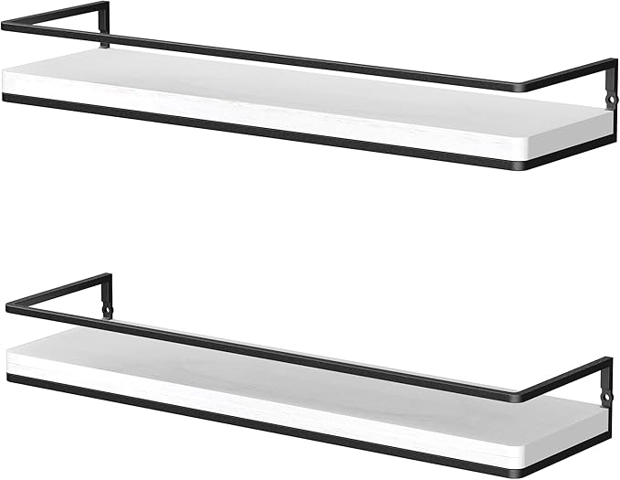 Meangood Floating Shelves Wall Mounted Set of 2, Rustic Wood Wall Storage Shelves for Bedroom,Living Room,Bathroom, Kitchen (White)-Ruum Studio Home