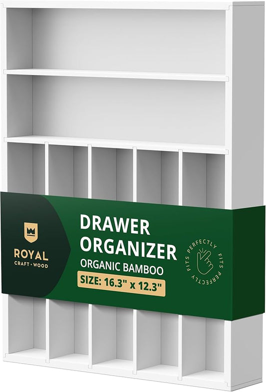 ROYAL CRAFT WOOD Luxury Bamboo Kitchen Drawer Organizer - Silverware Organizer - Utensil Holder and Cutlery Tray with Grooved Drawer Dividers for Flatware and Kitchen Utensils (7 Slot, White)-Ruum Studio Home