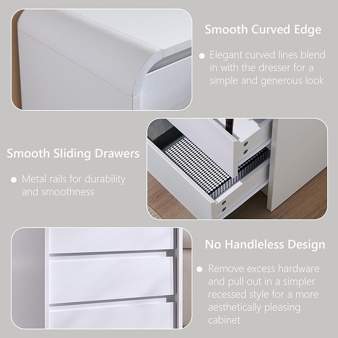 25" Tall Modern Nightstand with Charging Station, 23.6'' Wide Wood Bedside Table w/3 Storage Drawers, Small Dresser w/Curved Profile Design, End Table for Bedroom, White-Ruum Studio Home