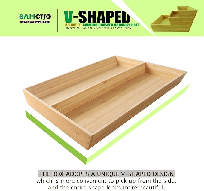 V-Shaped Bamboo Drawer Organizer Set of 3, Kitchen Large and Long Utensil Plate, Flatware & Silverware Storage Box, Wood Drawer Organizer for Bedroom, Living Room (19.6"x5.7" & 7.8" & 12.4")-Ruum Studio Home