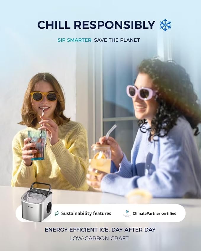 EUHOMY Countertop Ice Maker Machine with Handle, 26lbs Per Day, 9 Ice Cubes Ready in 6 Mins, Auto-Cleaning Portable Ice Maker with Basket and Scoop, for Home/Kitchen/Camping/RV (Silver)-Ruum Studio Home