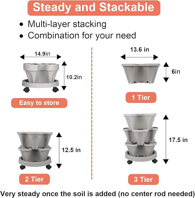 Vertical Planter 3 Tier Stackable Planters Garden Planters Strawberry Herb Flower and Vegetable Planter Indoor Outdoor Gardening Pots with Removable Wheels and Tools 2-Pack-Ruum Studio Home