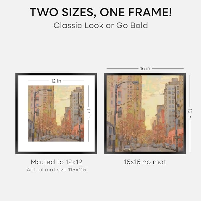 Homeforia 16x16 Picture Frame Black, High End Metal 16x16 Square Poster Frame Matted to 12x12 Print, 16 x 16 Black Frames with Mat 12 x 12 Photo, 16by16 Thin Frames, Tempered Glass, Wall Kit, Set of 1-Ruum Studio Home
