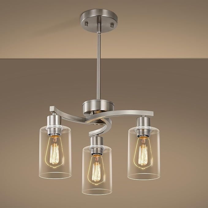3-Light Brushed Nickel Pendant Lighting for Kitchen Island, Hanging Dining Room Light Fixtures Over Table, Industrial Chandelier for Entryway Hallway Foyer Bedroom, Clear Glass Shade-Ruum Studio Home