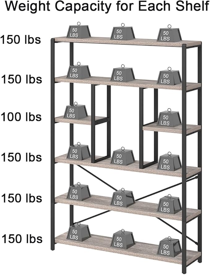 LVB Industrial 6 Tier Bookshelf, Large Tall Open Rustic Vintage Etagere Bookcase, Gray Big Wide Modern Farmhouse Wood and Metal Book Shelf for Home Bedroom Living Room Office Storage, Light Grey Oak-Ruum Studio Home