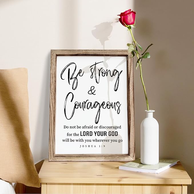 Inspirational Wood Signs, Christian Wooden Wall Plaque, Religious Home Decor, Bible Verse Decor Art, Framed Wall Plaque Sign 15 * 11.5 inches, Be Strong and Courageous Sign-Ruum Studio Home