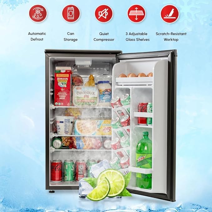 E-Star 3.3 Cu Ft Mini Fridge without Freezer - AUTO DEFROST, Reversible Single Door, Glass Shelf Refrigerator - A Space-Saving Marvel for Your Bedroom, Dorm, and Office-Ruum Studio Home