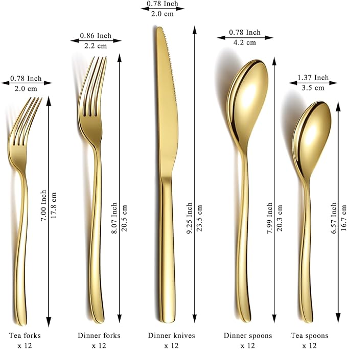 Berglander Gold Silverware Set 60pcs Service for 12, Golden Titanium Plating Stainless Steel Flatware Set, Gold Spoons Forks Knives Set for Home, Wedding, Restaurant, Hotel, Dishwasher Safe-Ruum Studio Home