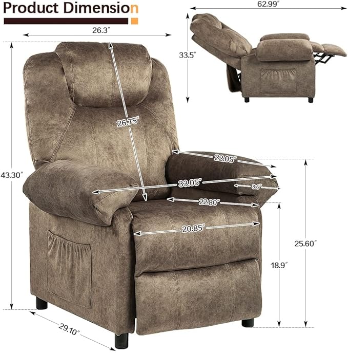 KCREAM Massage Recliner Chair with Heat,Overstuffed Fabric Recliner Chairs with Heating,Small Recliner for Living Room Bedroom, Manual Reclining Single Sofa Recliners Lounge Chair for Adult,Brown-Ruum Studio Home