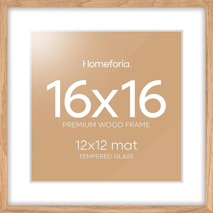Homeforia 16x16 Picture Wood Frame, High End Natural Oak 16 x 16 Square Light Wooden Frames with Mat 12 by 12 inch Photo, 16by16 Poster Frames Matted to 12x12 Print, Tempered Glass, Wall Kit, Set of 1-Ruum Studio Home