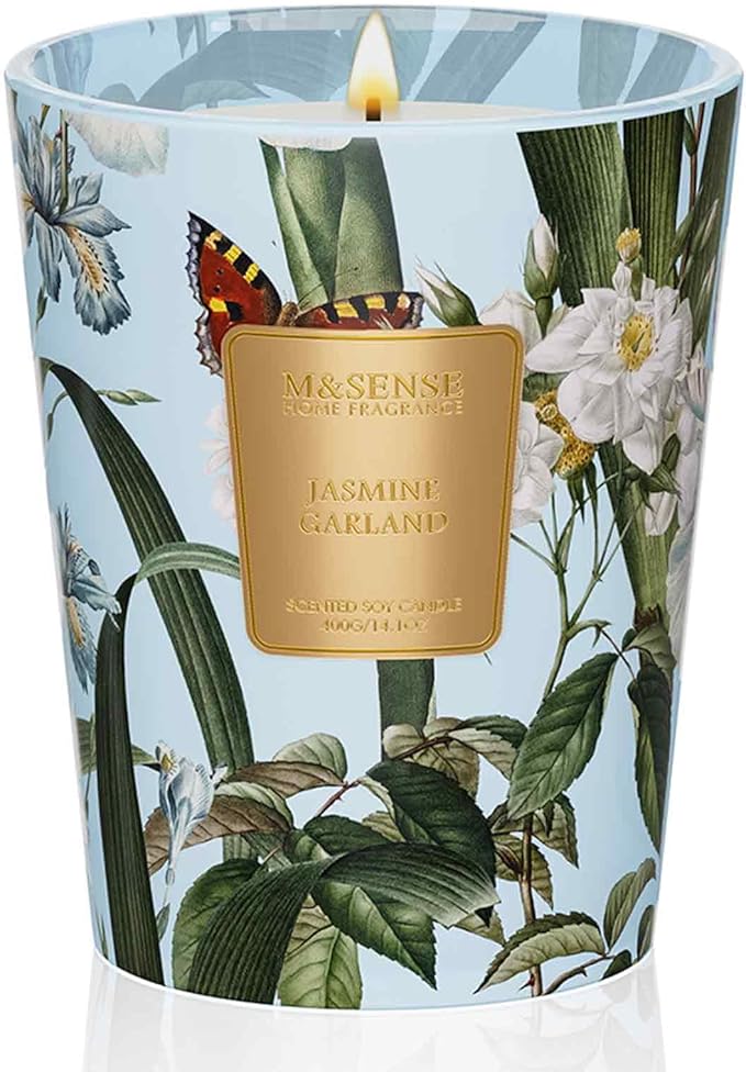 M&SENSE Jasmine Garland Scented Natural Soy Wax Candle, 14.1oz 60 Hours Long Lasting Slow Burning Candles for Home Decor, Aromatherapy Candle for Stress Relief-Ruum Studio Home