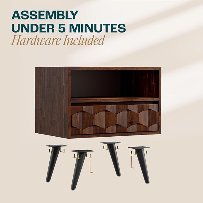 Bme Georgina Solid Wood Nightstand With 1 Drawer & Open Shelf- Fully Assembled Mid Century Modern Side Table - Geometric Pattern Bedside Dresser for Bedroom and Living Room-Ruum Studio Home