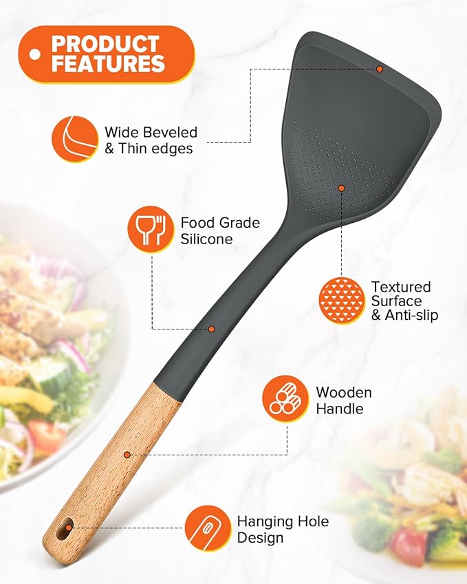 Silicone Cooking Utensils Set, Perfectly Angled for Frying, Mixing,Serving,Draining,Turning and Stirring, BPA-Free Matte Silicone, Wood Handles, Safe for Nonstick Cooking Surfaces,4 Pack (Grey)-Ruum Studio Home