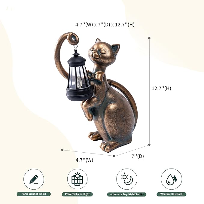 WHIMSYNOOK 10.7" Bronze Cat Solar Garden Statue Light – Cute Kitty Design, Bronze Finish, Solar-Powered LED, Outdoor Yard & Lawn Décor, for Cat Lovers, Mom, and Garden Enthusiasts-Ruum Studio Home