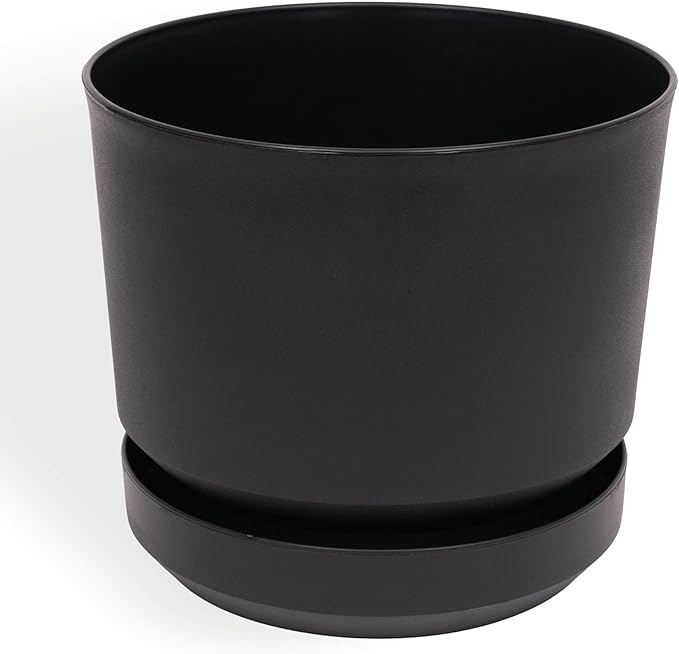 Elly Décor 8 inch Plastic Cylinder Planter Pot with Self-Watering Saucer and Drainage Hole,Lightweight & Extremely Durable, 8"x 8", Black-Ruum Studio Home