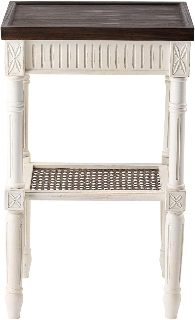 Rustic Farmhouse Cottagecore Accent End Table, Distressed Accent Side Table with Espresso Tray Top and Woven Wicker Shelf, Boho, French Country Decor, Square, Weathered Brown & White-Ruum Studio Home