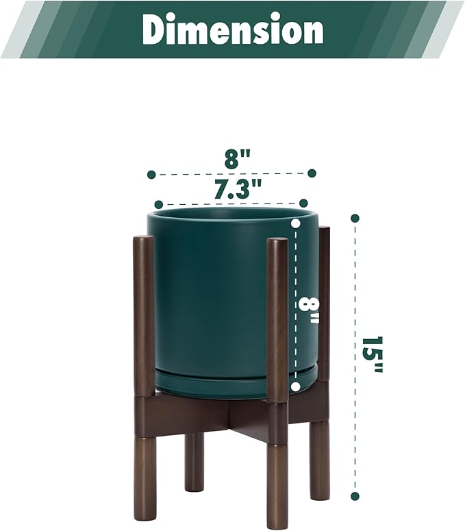 D'vine Dev Ceramic Planter with Walnut Color Stand - 8 Inch Modern Round Flower Pot with Wood Planter Holder, Teal, 55-B-Y-4-Ruum Studio Home