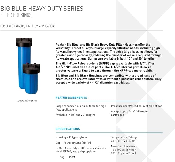 Pentair Pentek 150236 Big Blue Filter Housing, 1 1/2" NPT #20 Whole House Heavy Duty Water Filter Housing with High-Flow Polypropylene (HFPP) Cap, 20-Inch, Black/Blue-Ruum Studio Home