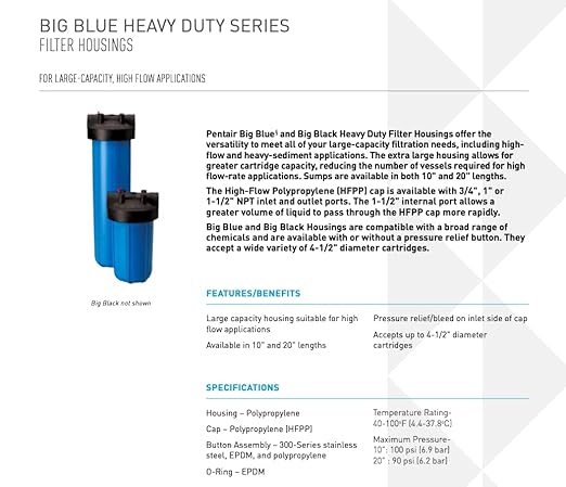 Pentair Pentek 150470 Big Blue Filter Housing, 3/4" NPT #10 Whole House Heavy Duty Water Filter Housing with High-Flow Polypropylene (HFPP) Cap, 10-Inch, Black/Blue-Ruum Studio Home