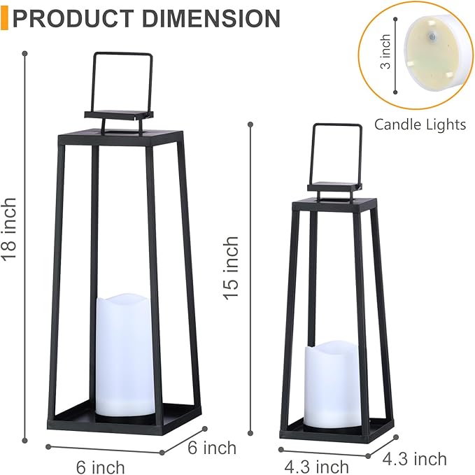 Solar Lantern Decorative Outdoor Set of 2 (18’’ & 15’’) Modern Black Metal Lanterns with Solar Candles, Decorative Candle Lanterns for Outdoor Porch, Patio, Garden, Yard Decor-Ruum Studio Home